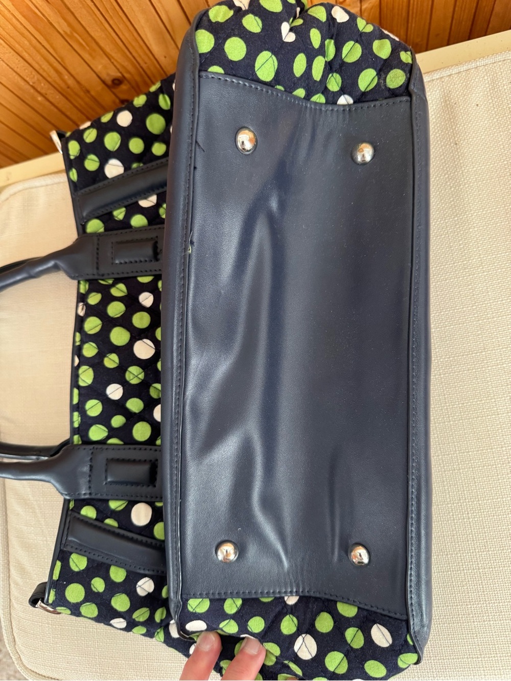 Vera Bradley Navy Tote with Green and White Polka Dots - Picture 5 of 5